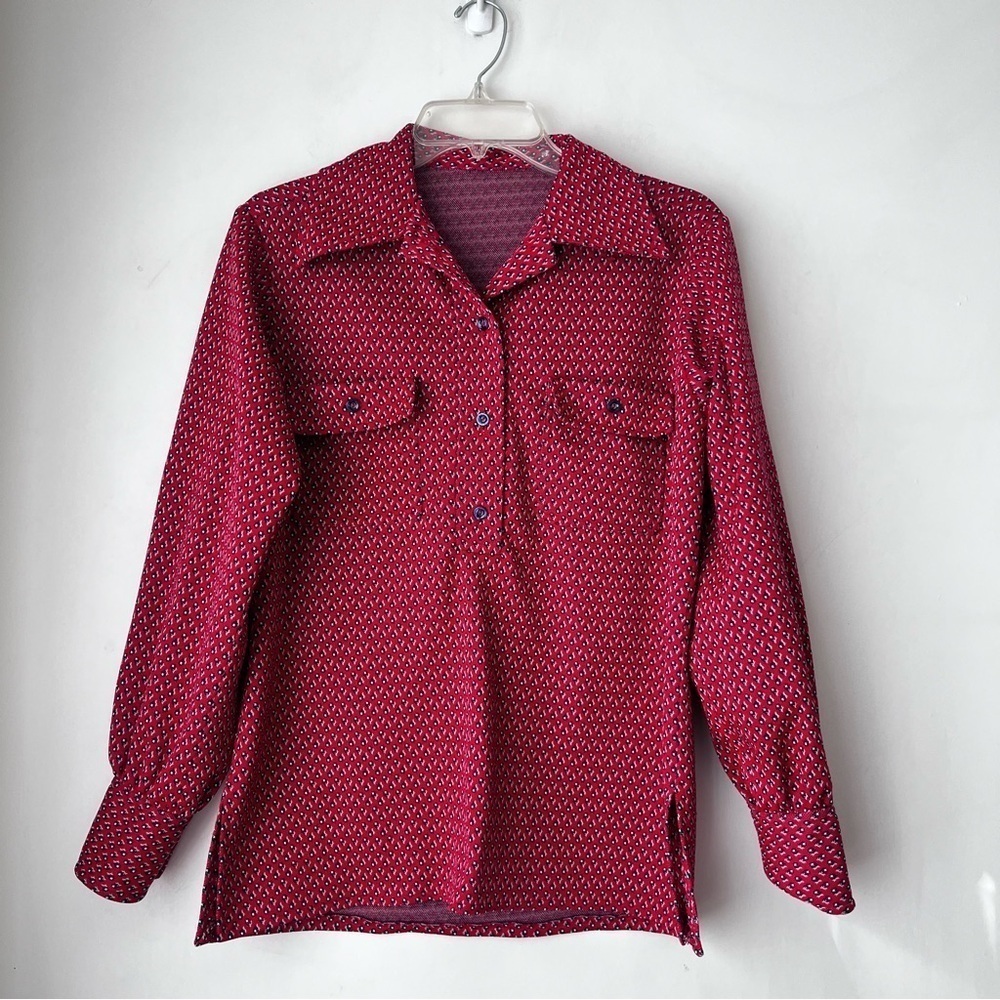 Vintage 70s Red Blue Patterned Wide Collar Long Sleeve Top S/M